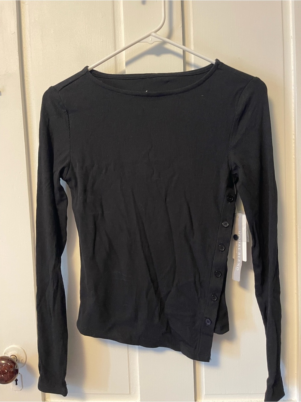 Pink Rose Black Ribbed Long-Sleeve Top with Side Buttons